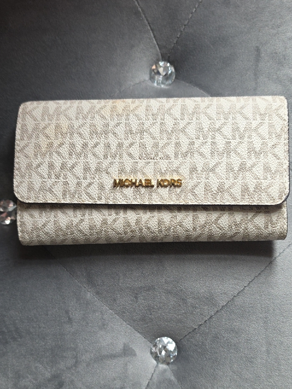 Michael Kors Beige MK Logo Continental Wallet with Gold Hardware